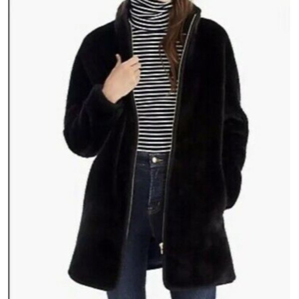 J. Crew Woman's Sz S‎ Black Teddy Mid Length Winter Coat Plush Fleece J9064